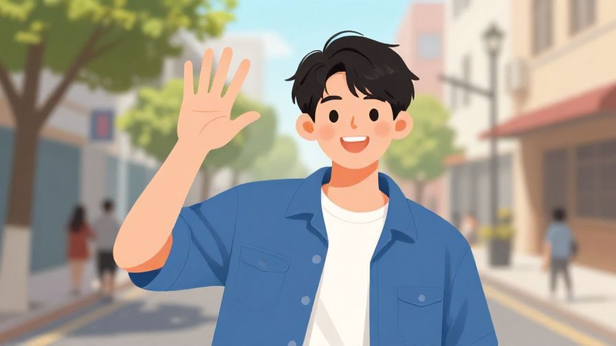 Illustration of a young person with a playful smile holding up a hand in a casual street scene