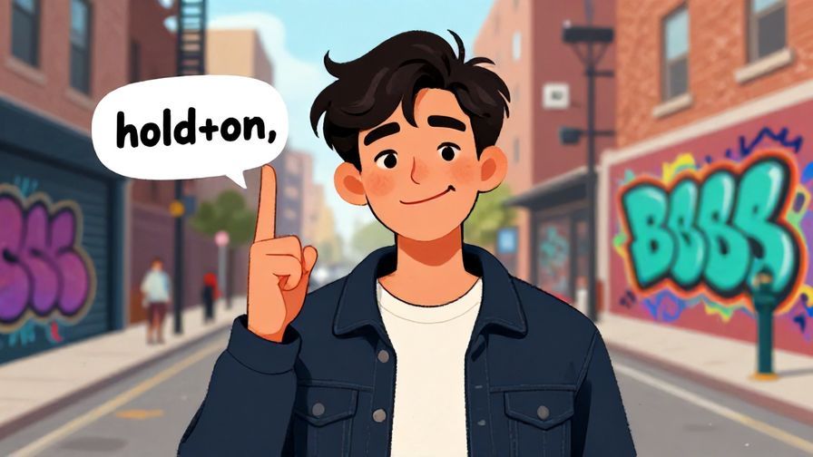 Illustration of a young person with a playful smirk, holding a finger up as if signaling “hold on,” urban street scene with graffiti art