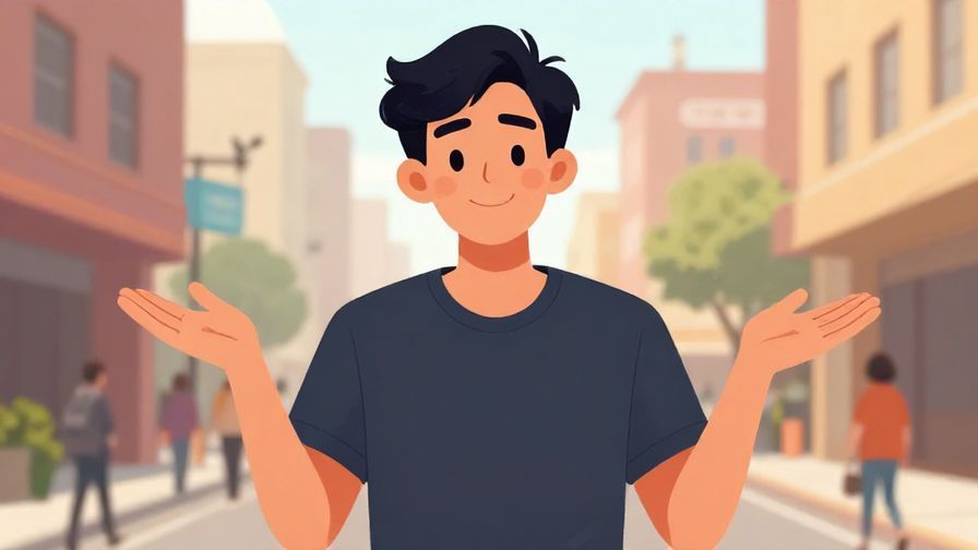 Illustration of a young person with a relaxed, accepting smile, shrugging lightly, surrounded by casual urban background