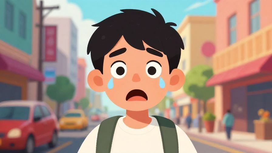 Illustration of a young person with a shocked expression, cartoonish sweat drops, vibrant city street background