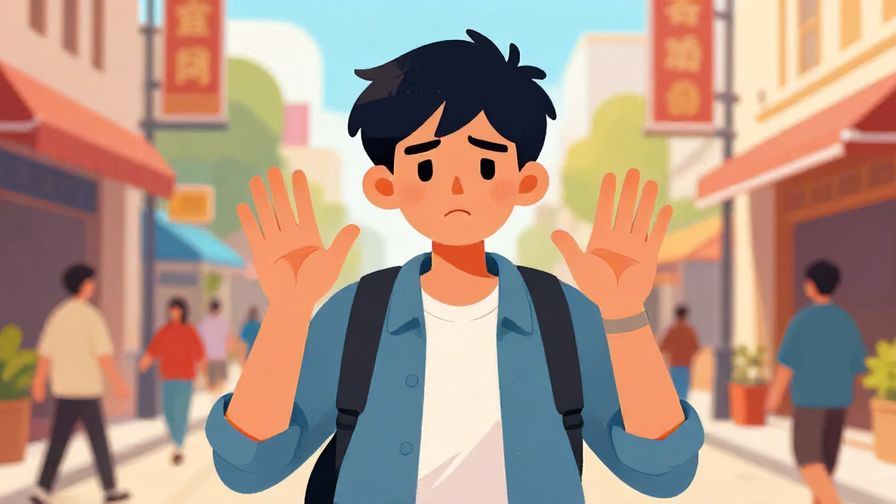 Illustration of a young person with a slightly annoyed expression, hands raised in a “stop” gesture in a lively street setting, vibrant colors, illustrated style