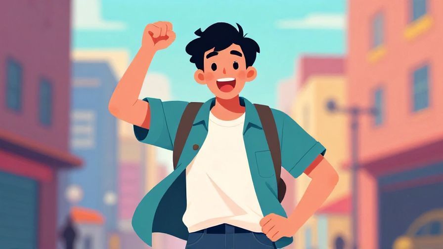 Illustration of a young person with an excited expression, energetic pose, colorful urban background