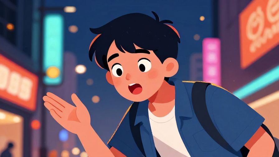 Illustration of a young person with wide eyes and excited expression, leaning forward to emphasize a point, urban nighttime background, vibrant colors, illustrated style
