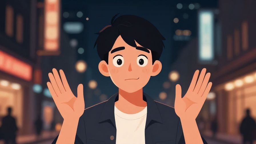 Illustration of a young person with wide eyes and nervous smile, hands up defensively, urban night scene