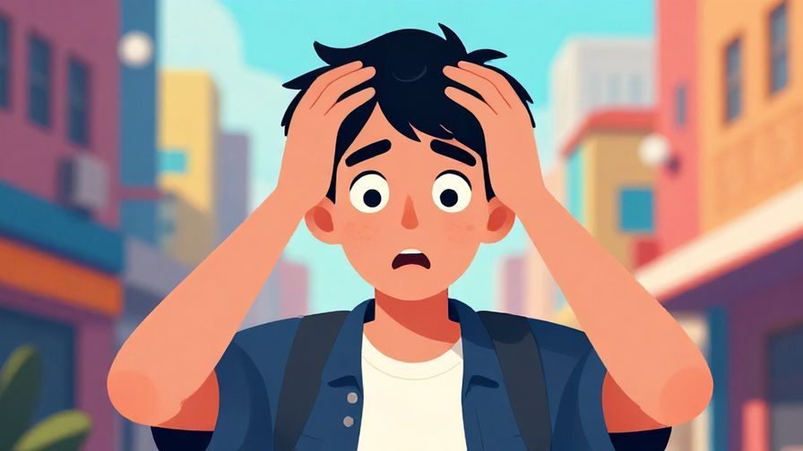 Illustration of a young person with wide eyes and a shocked expression, hands on their head, colorful urban background