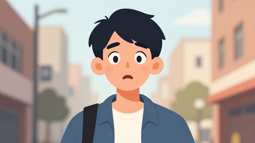 Illustration of a young person with wide eyes and a shocked smile, casual urban background