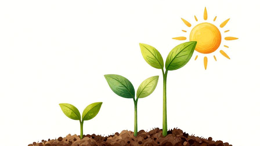 Illustration of a young plant growing taller with sunlight, symbolizing personal growth, vibrant colors, detailed background, illustrated style
