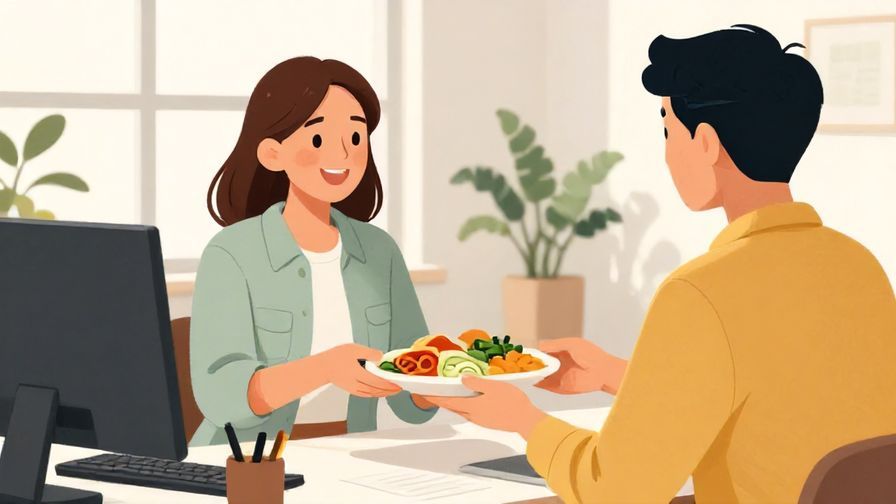 Illustration of a young professional in a casual office setting smiling and saying thanks to a colleague who brought lunch, bright colors, illustrated style
