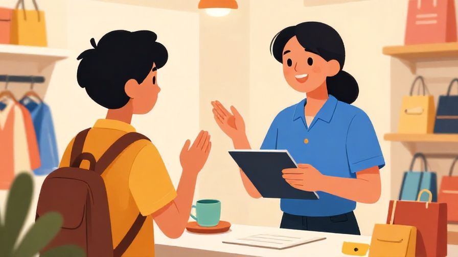 Illustration of a young shopper asking a store clerk with a hopeful smile, casual store environment, vibrant colors
