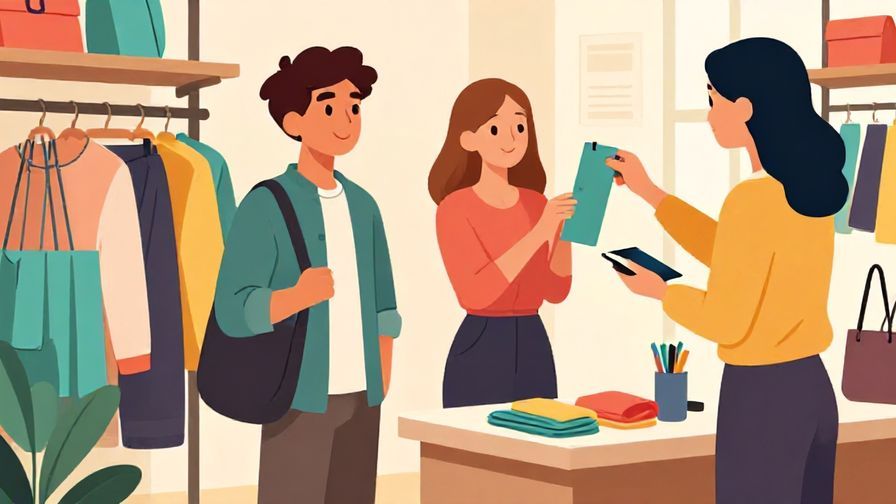 Illustration of a young shopper casually chatting with a clerk about size options, colorful and informal background