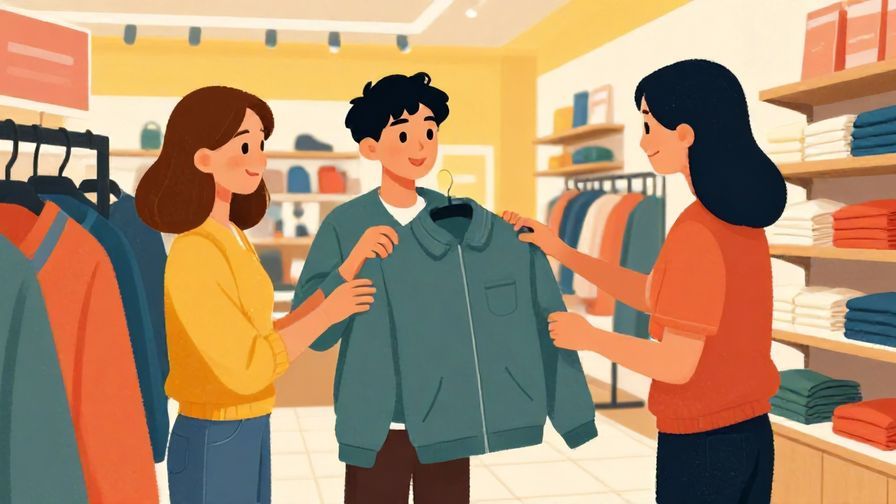 Illustration of a young shopper holding a jacket up to themselves, smiling and casually speaking to a store assistant, vibrant store interior, illustrated style