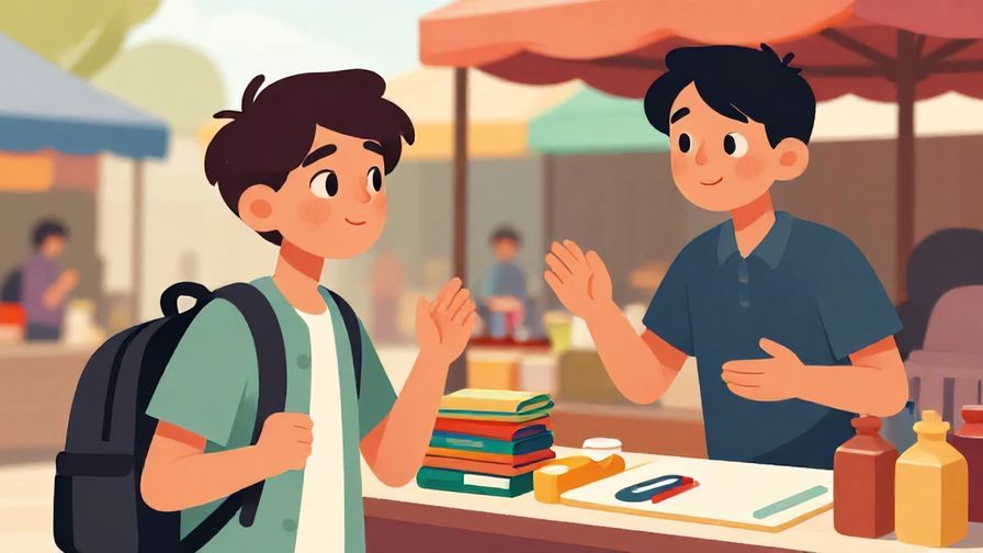 Illustration of a young traveler asking a vendor with a curious expression, colorful market stall background