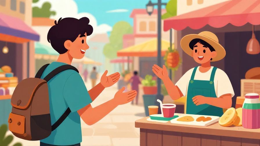Illustration of a young traveler asking directions from a street vendor, colorful market background