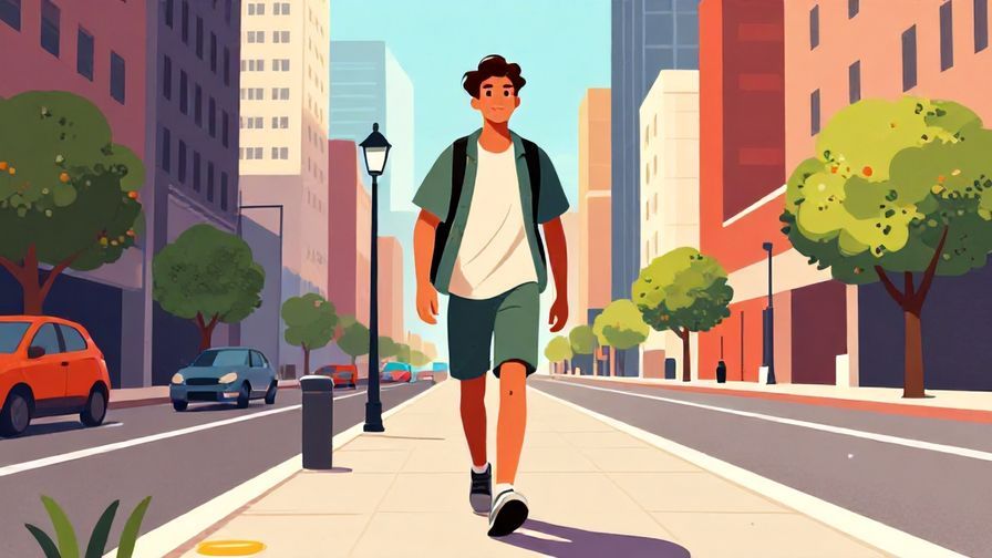 Illustration of a young traveler confidently walking straight on a city sidewalk, tall buildings in the background, vibrant colors, illustrated style