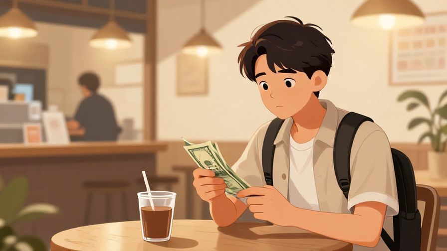 Illustration of a young traveler hesitating slightly, holding cash in a small café, warm lighting and friendly environment