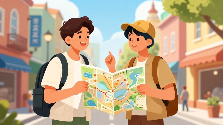 Illustration of a young traveler holding a map and asking a friendly local for directions on a sunny street, vibrant urban background, illustrated style