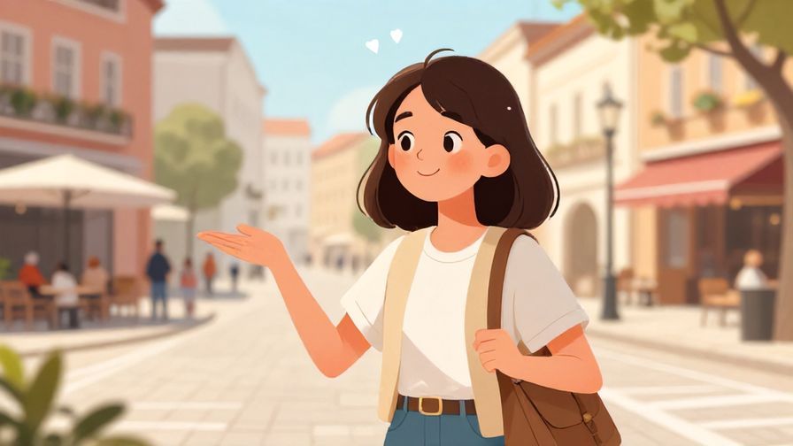 Illustration of a young woman asking directions with a curious smile, city square background with cafes