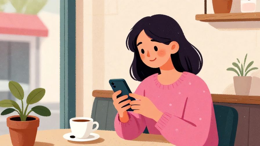 Illustration of a young woman checking her phone with a hopeful smile, sitting in a cozy cafe, vibrant colors, illustrated style
