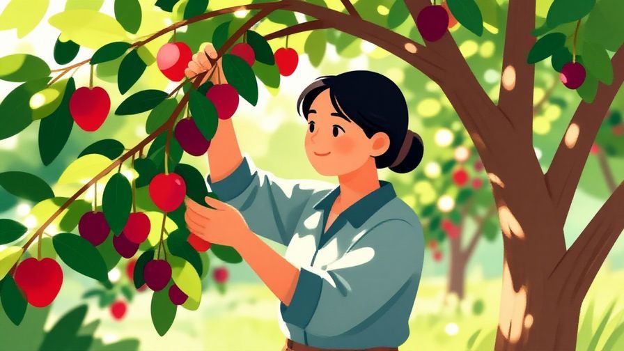 Illustration of a young woman harvesting ripe fruit from a tree, smiling softly, with sunlight filtering through leaves, natural and vibrant colors