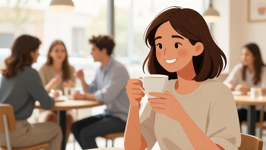 Illustration of a young woman smiling and holding a cup of coffee, sitting in a bright café with friends chatting, illustrated style