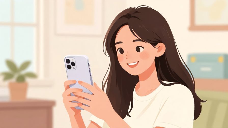 Illustration of a young woman smiling playfully while holding a phone, casual room background with pastel colors