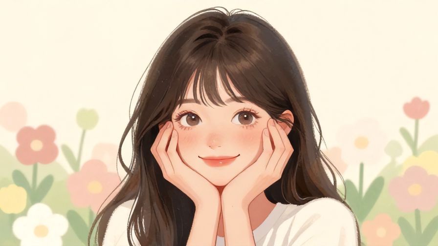 Illustration of a young woman smiling shyly, soft pastel background with flowers