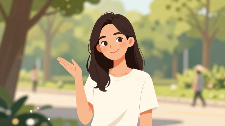 Illustration of a young woman smiling with a confident expression and a casual hand gesture, park background