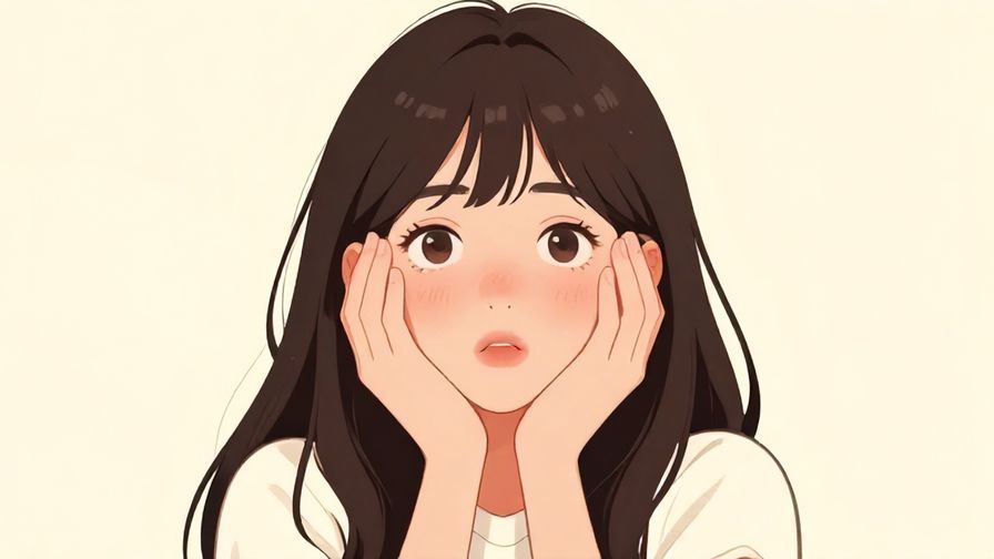 Illustration of a young woman with hands raised near her face, blushing slightly, surprised expression, soft pastel background