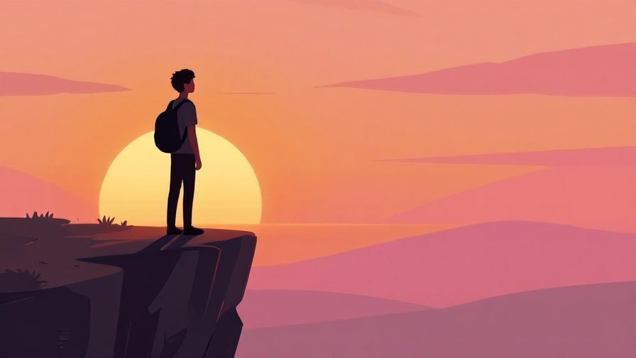 Illustration of a youthful person looking determined, standing at the edge of a cliff overlooking a sunrise, vibrant orange and pink sky, expressing courage and calm acceptance