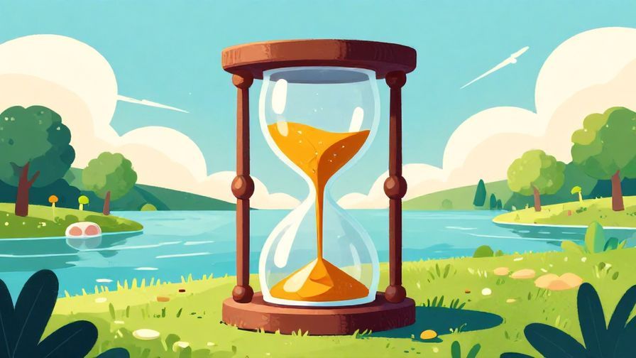 Illustration of an ancient clock with flowing sands of time, surrounded by calm serene landscape, symbolizing the lifespan and fate, vibrant colors, illustrated style