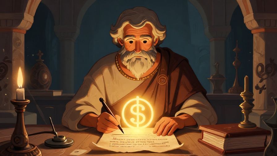 Illustration of an ancient philosopher writing on papyrus with a glowing light symbolizing fixed life theories, detailed background, vibrant colors, illustrated style