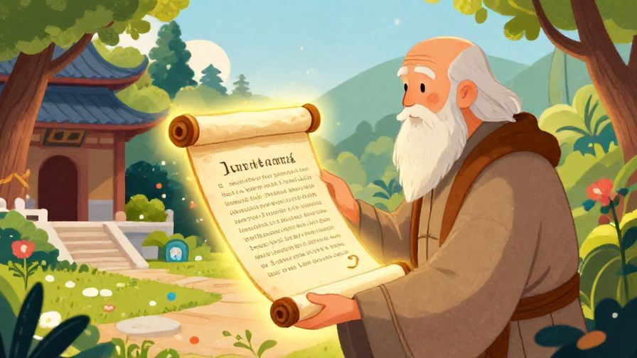 Illustration of an ancient scroll glowing with light, held by a wise elder in a peaceful temple garden, symbolizing a divine decree, vibrant colors, illustrated style