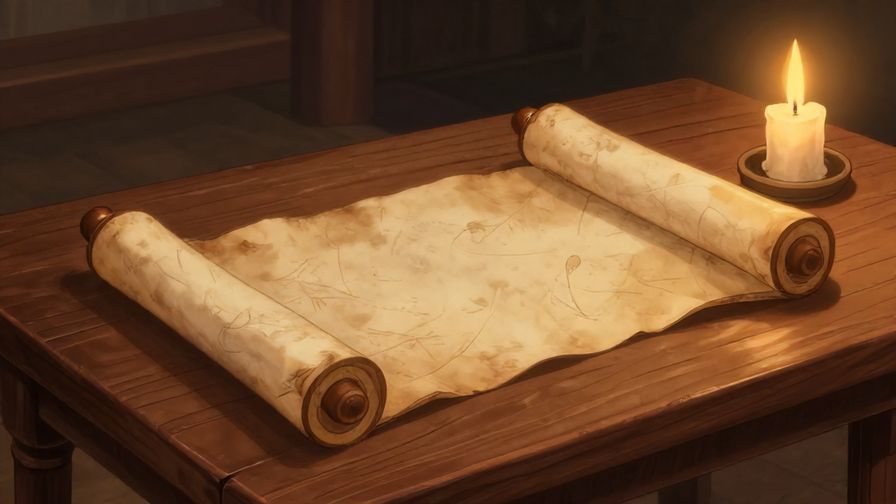 Illustration of an ancient scroll unrolling over a wooden table with a candle glowing nearby, peaceful and contemplative atmosphere