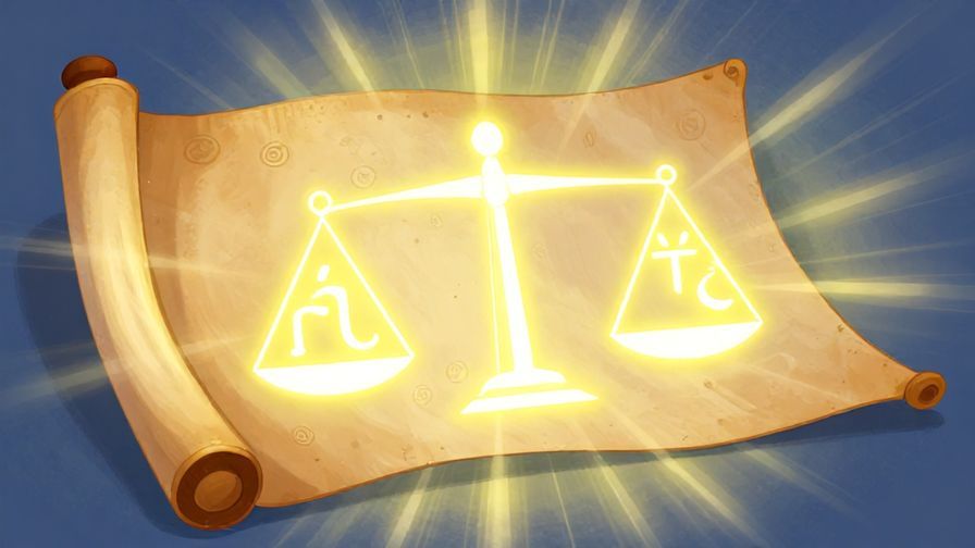 Illustration of an ancient scroll unrolling with glowing symbols representing karma and balance, surrounded by soft rays of light, vibrant colors, illustrated style