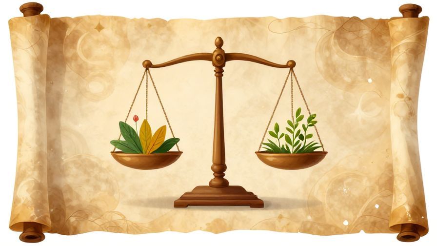 Illustration of an ancient scroll with a balanced scale and harmonious nature elements, soft golden light