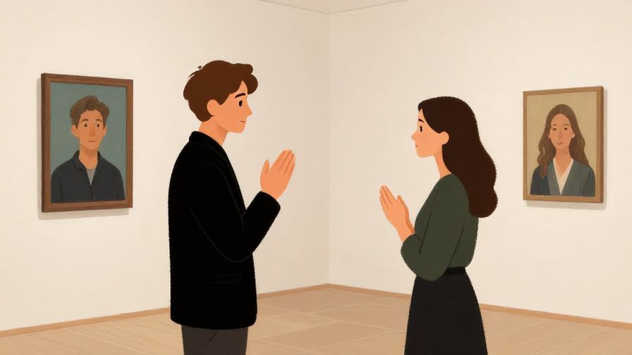 Illustration of an art gallery visit where a guest politely asks for impressions, elegant and quiet atmosphere