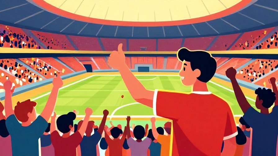 Illustration of an athlete giving a thumbs up with a cheering crowd in a stadium, vibrant colors, illustrated style