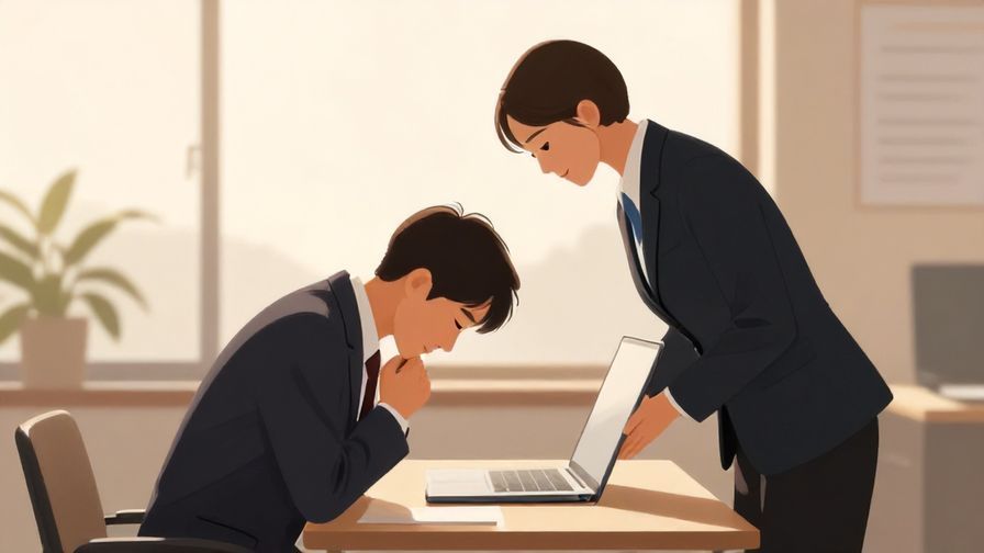 Illustration of an early morning business scene with a respectful bow and formal clothing, soft morning light