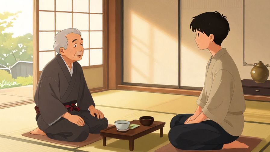 Illustration of an elderly person listening attentively to a younger family member, traditional Japanese home setting, warm sunlight