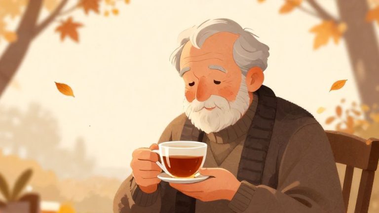 Illustration of an elderly person smiling gently, sitting comfortably with a warm cup of tea, surrounded by autumn leaves in soft light