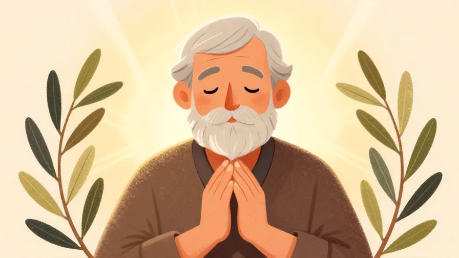 Illustration of an elderly person smiling gently with hands together in gratitude, surrounded by soft light rays and olive branches