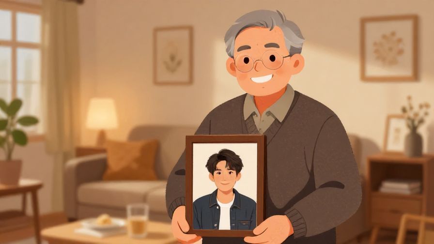 Illustration of an elderly person smiling proudly while holding a framed photo of a younger self, cozy home background with warm lighting
