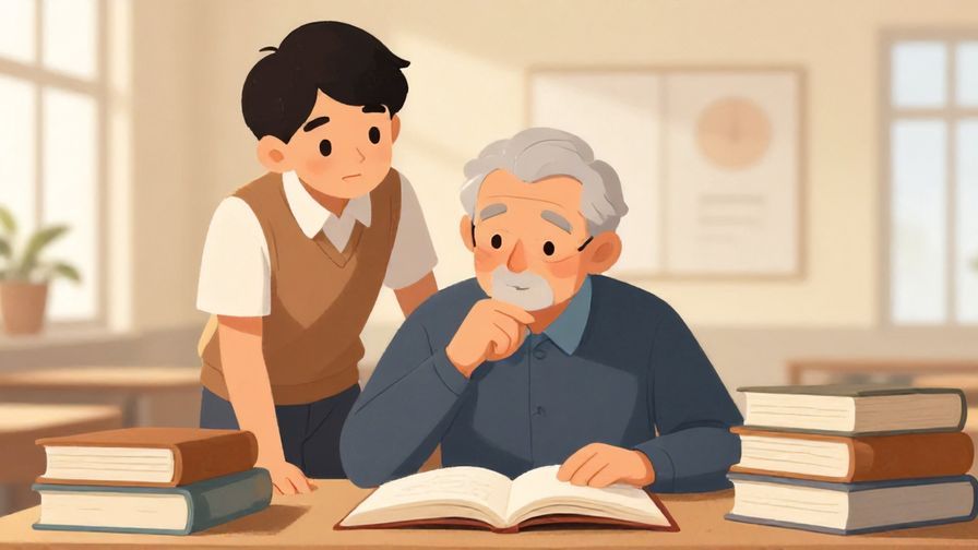 Illustration of an elderly person thoughtfully studying with books and a younger person learning quickly beside them