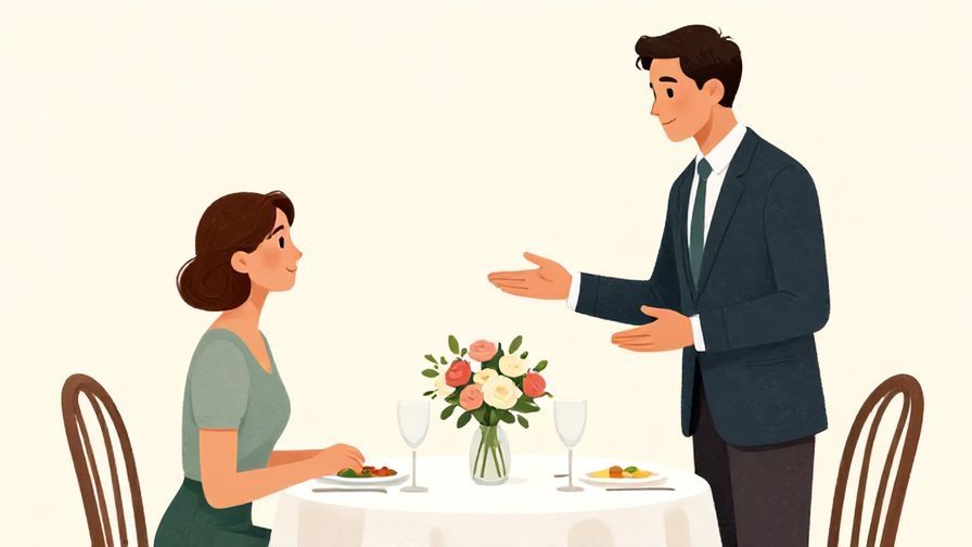 Illustration of an elegant dining setting with a guest complimenting the host politely, soft background, refined colors, illustrated style