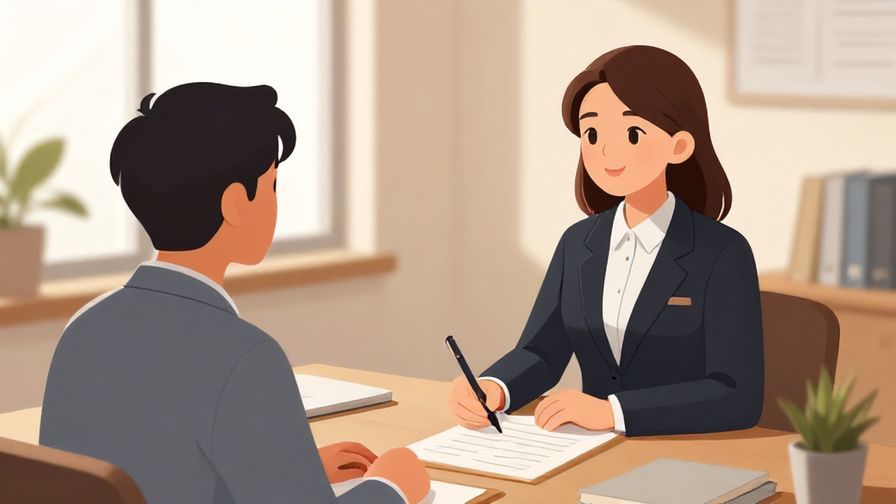 Illustration of an elegant office setting with a polite person asking a senior for advice, warm but professional atmosphere