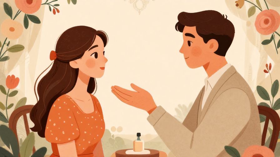 Illustration of an elegant person receiving a compliment about their beauty in a classic setting with floral décor