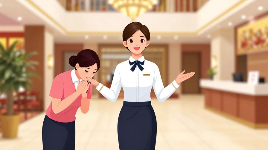 Illustration of an elegant receptionist bowing slightly while gesturing straight ahead in a hotel lobby, bright and friendly atmosphere, vibrant colors