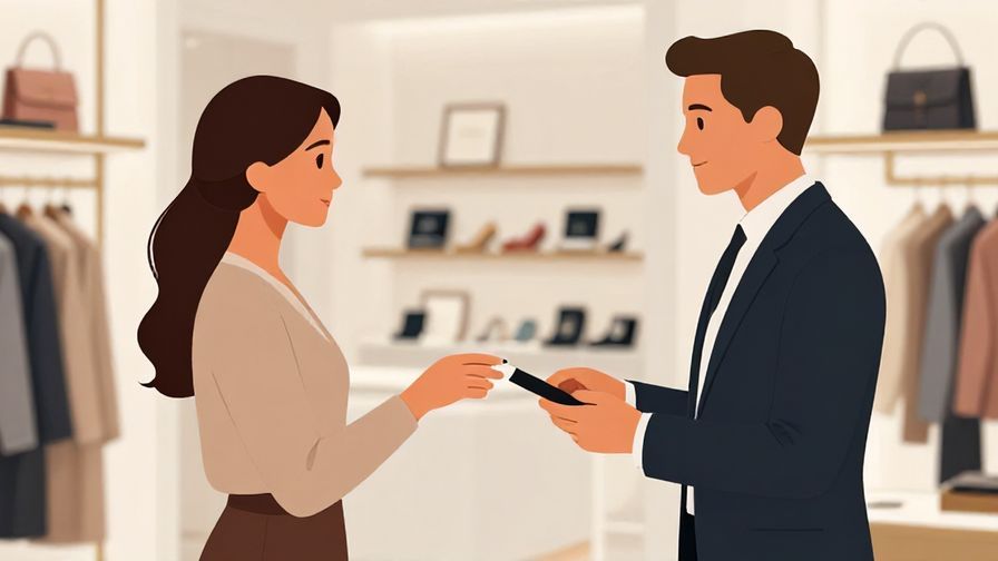 Illustration of an elegant shopper politely asking a professional store clerk about another size, upscale boutique background