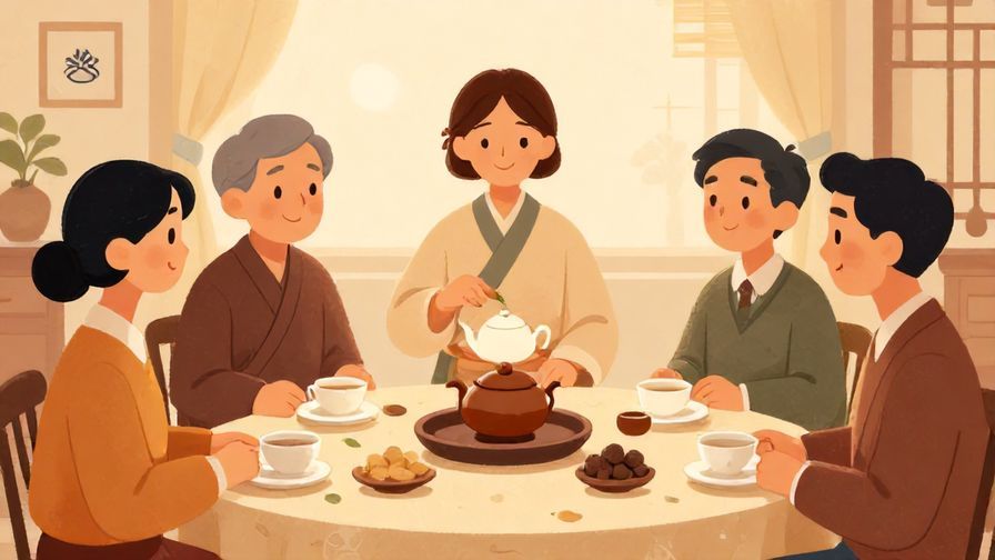 Illustration of an elegant tea ceremony setting with smiling guests, warm tones