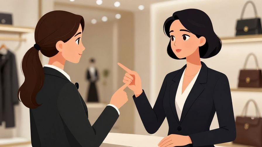 Illustration of an elegantly dressed customer politely pointing to an item, with a composed expression, upscale boutique background